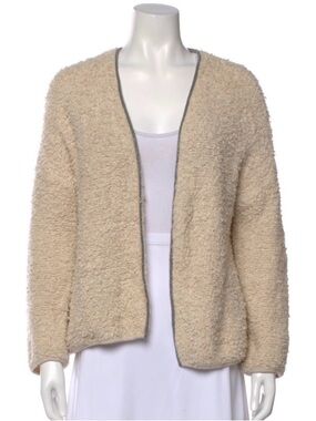 Brunello Cucinelli Cream Bouclé Open Cardigan with Silver Trim